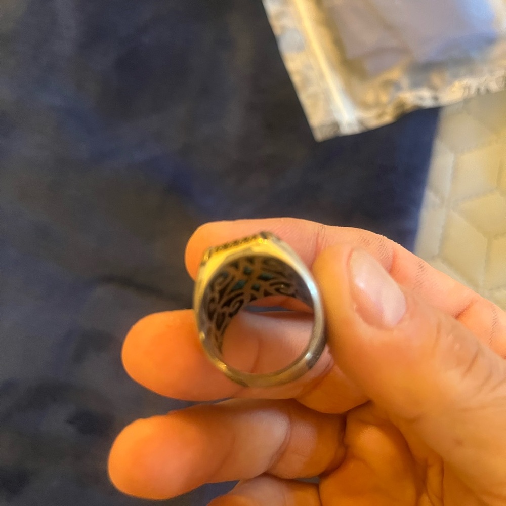 Turquoise Stone Men's Silver Ring - Blue Accent - Picture 3 of 9